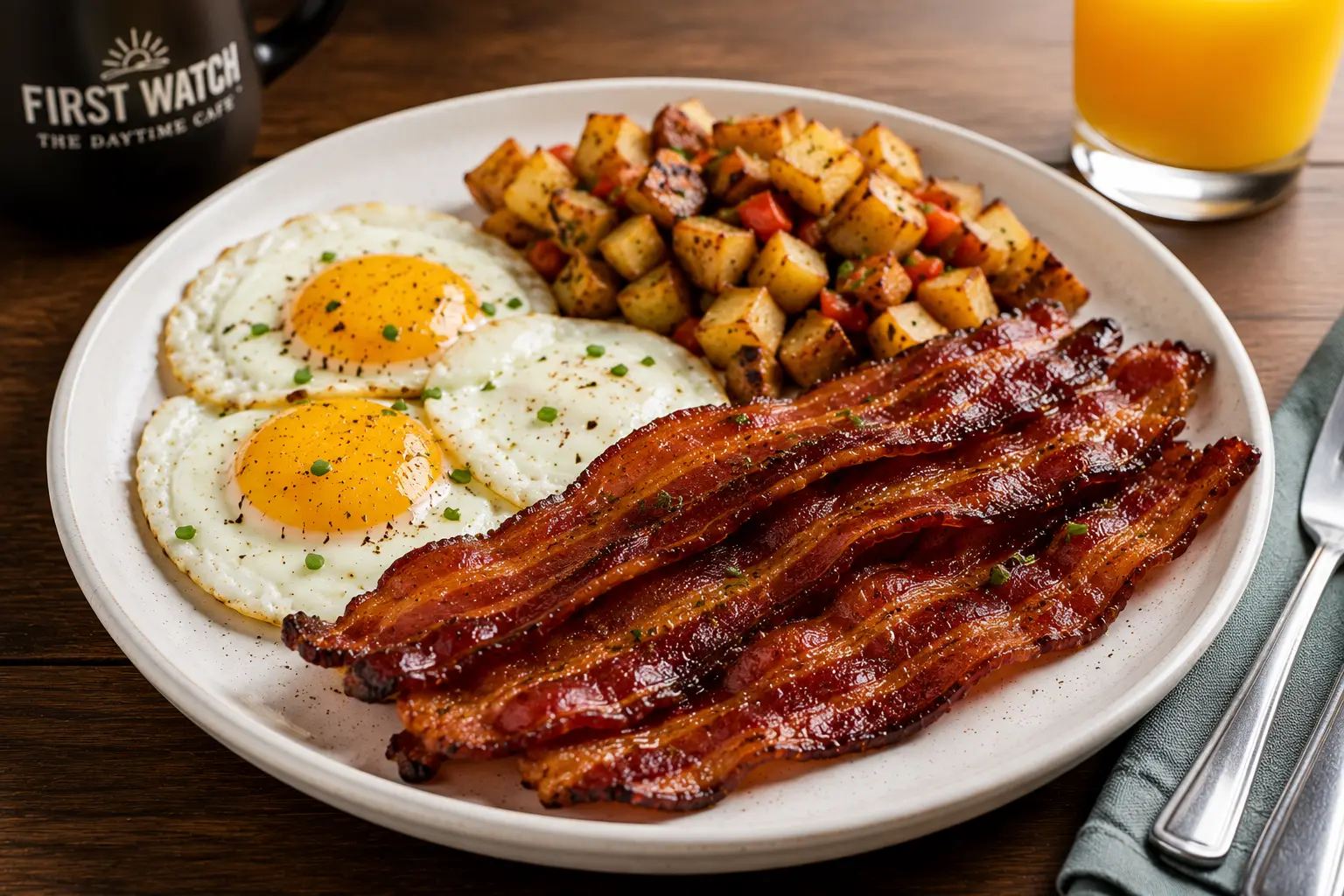 First Watch Million Dollar Bacon — thick-cut bacon glazed with brown sugar and maple syrup