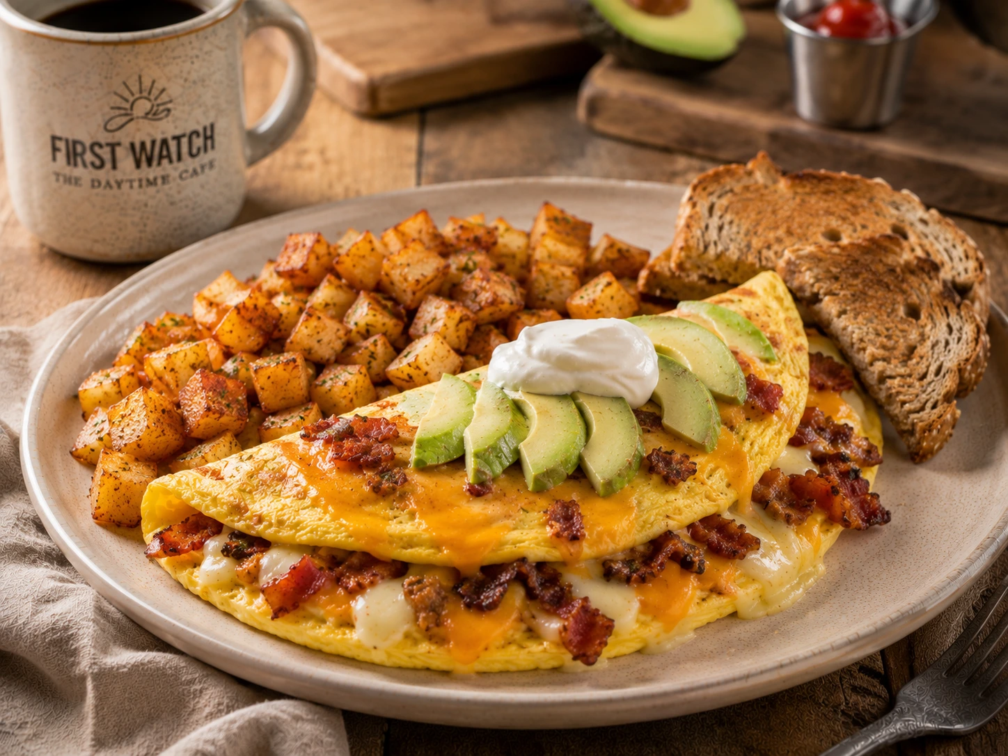 First Watch Bacado Omelet with bacon and avocado