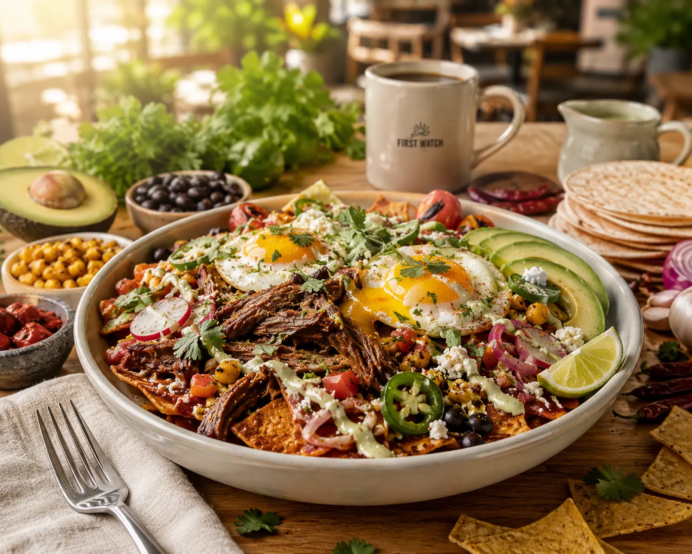 First Watch Barbacoa Chilaquiles Breakfast Bowl bold and layered