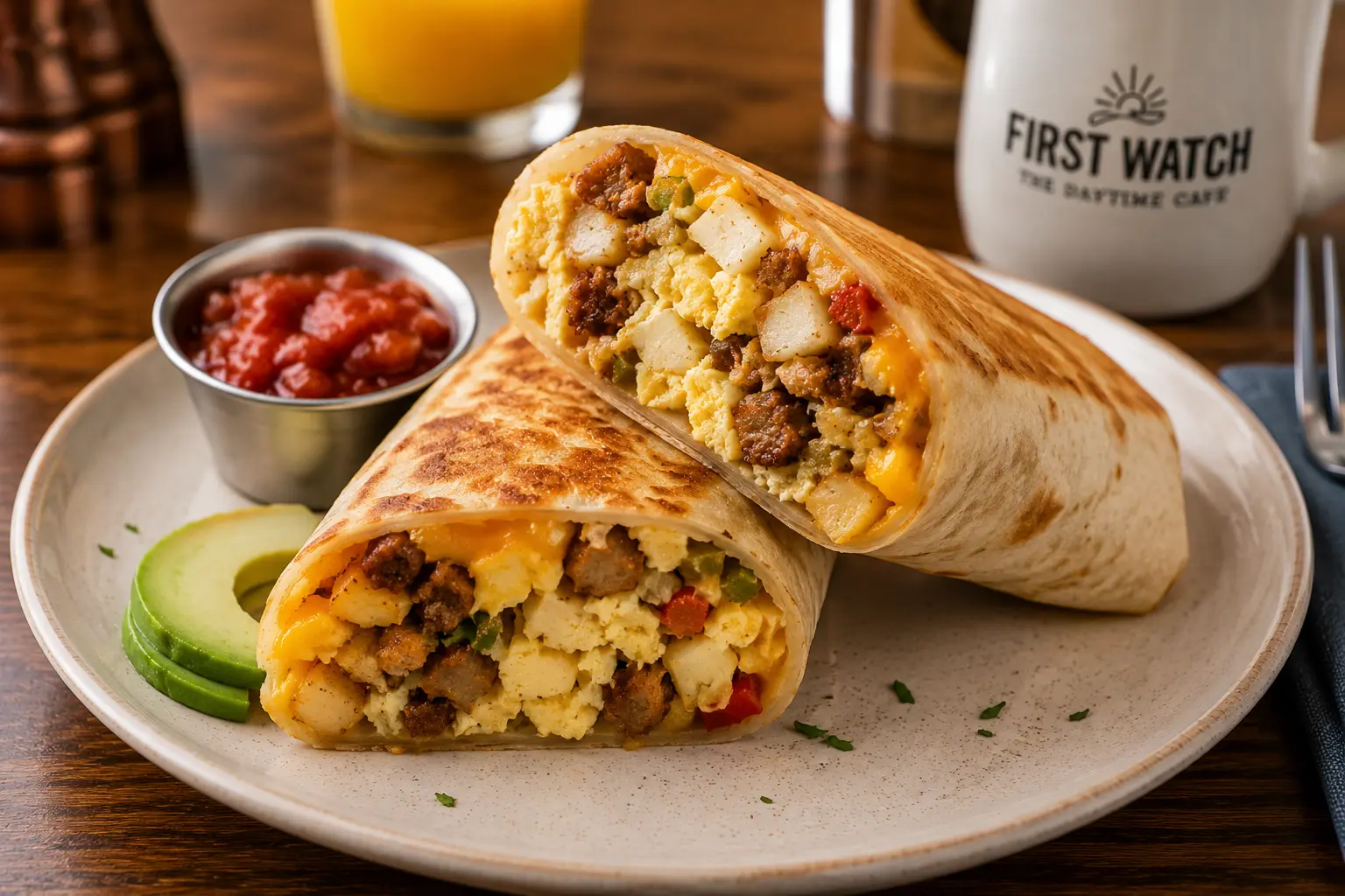 First Watch Chickichanga — griddled breakfast burrito with eggs, cheese and sausage