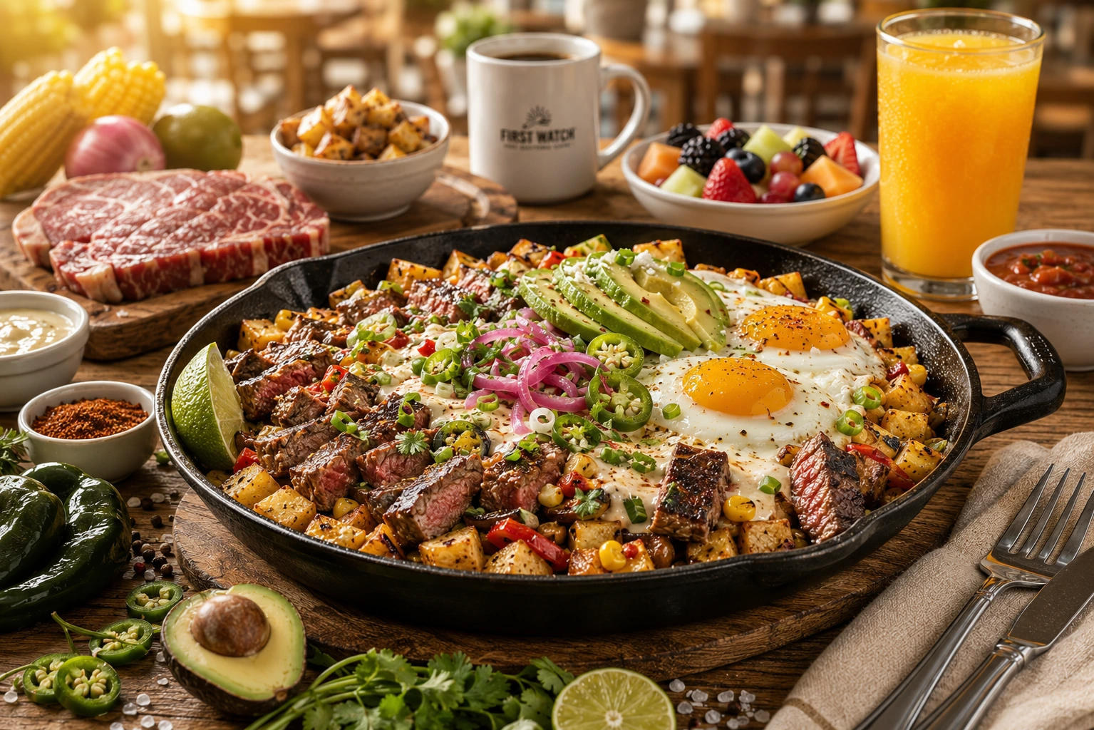 Seasonal 2 First Watch Chipotle Steak and Queso Hash with seared steak and cage-free eggs