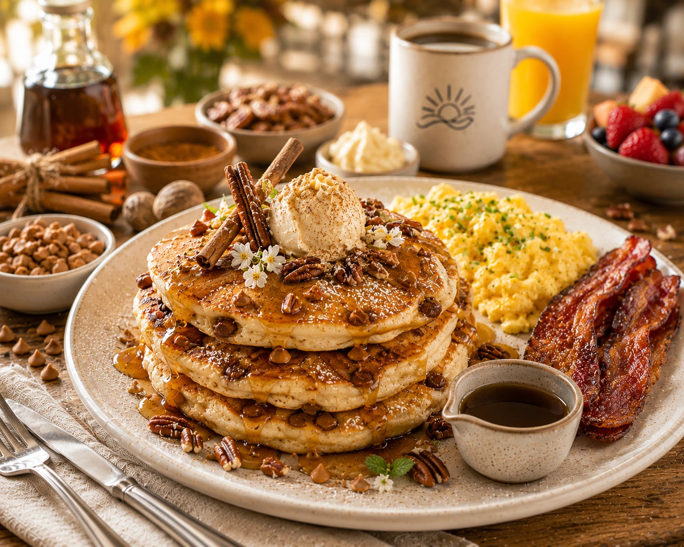 Seasonal 12 First Watch Cinnamon Chip Pancakes with cinnamon chips in fluffy batter