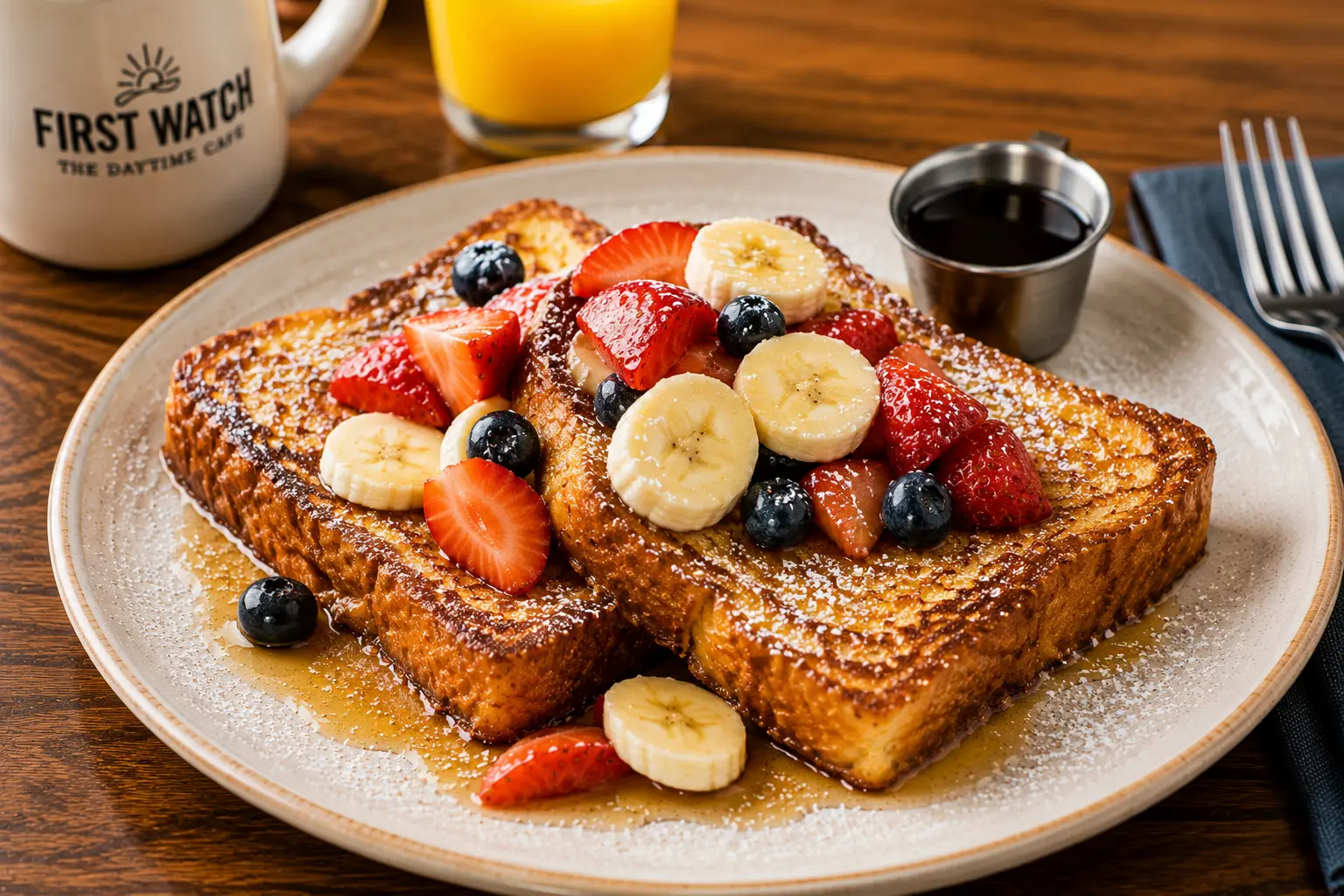 First Watch French Toast — golden custardy French toast with toppings