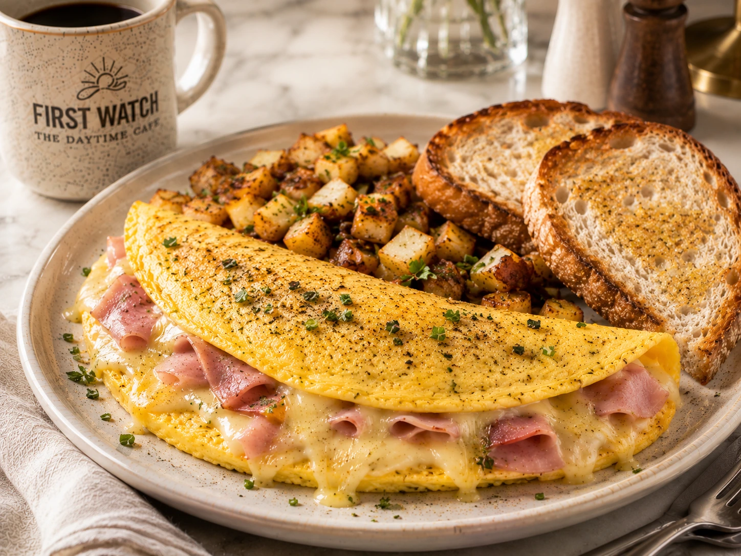 First Watch Ham and Gruyere Omelet refined and well-balanced
