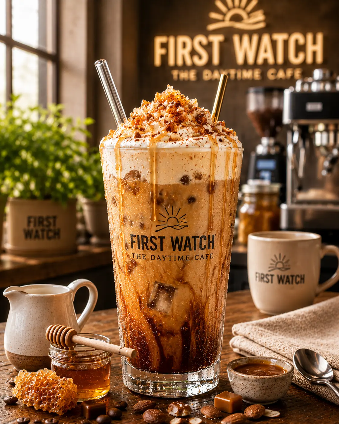 First Watch Honey Caramel Crunch Iced Coffee layered sweetness creamy foam