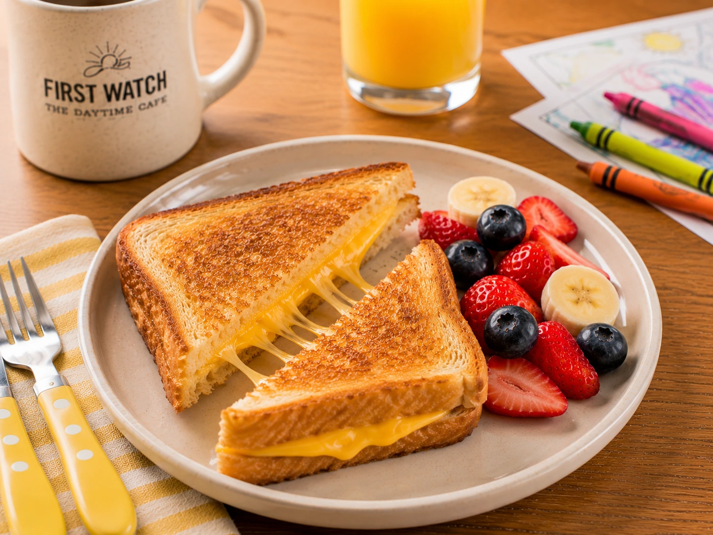 Kids 6 First Watch Kids Grilled Cheese melted cheese on toasted bread
