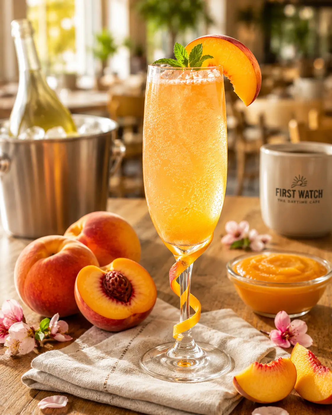 First Watch Peach Bellini light and sweet sparkling cocktail