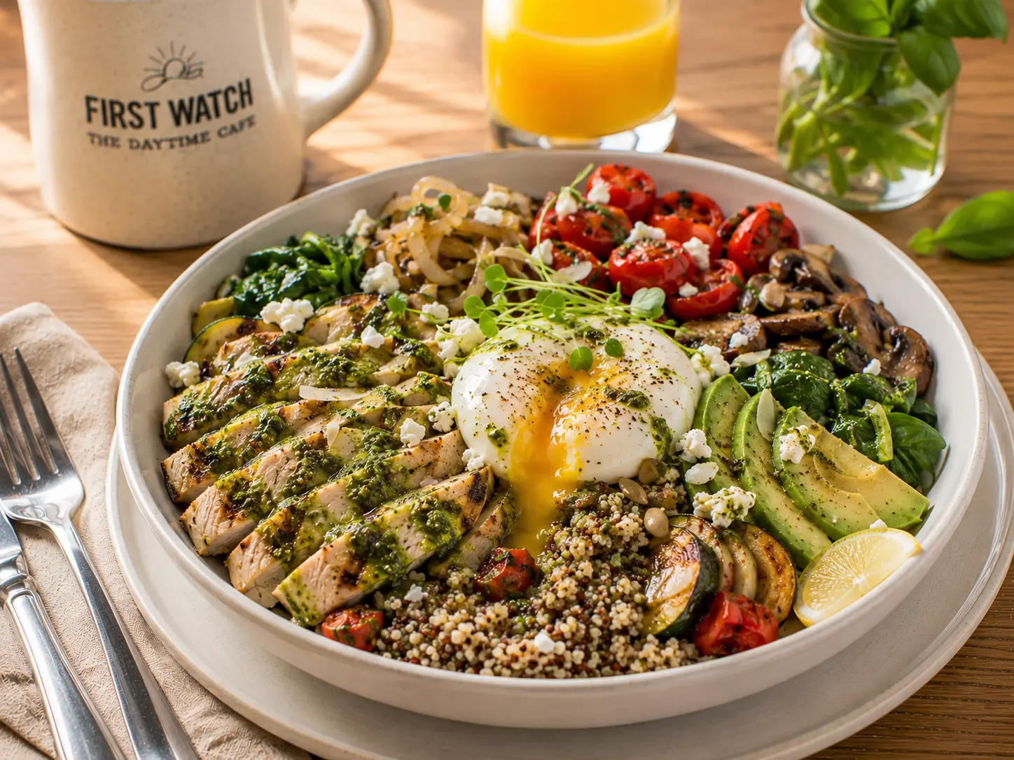 First Watch Pesto Chicken Quinoa Bowl light but satisfying