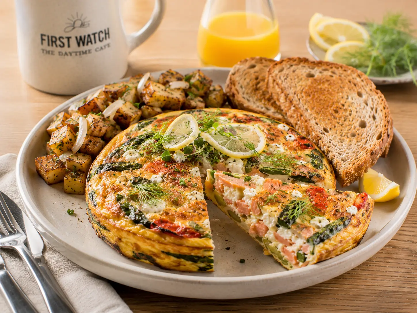 First Watch Smoked Salmon and Roasted Vegetable Frittata light and refined
