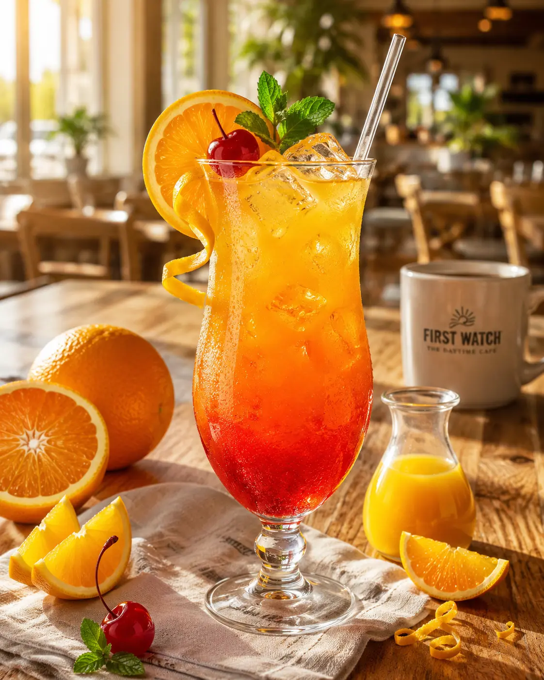 First Watch Spiked Sunrise visually striking cocktail