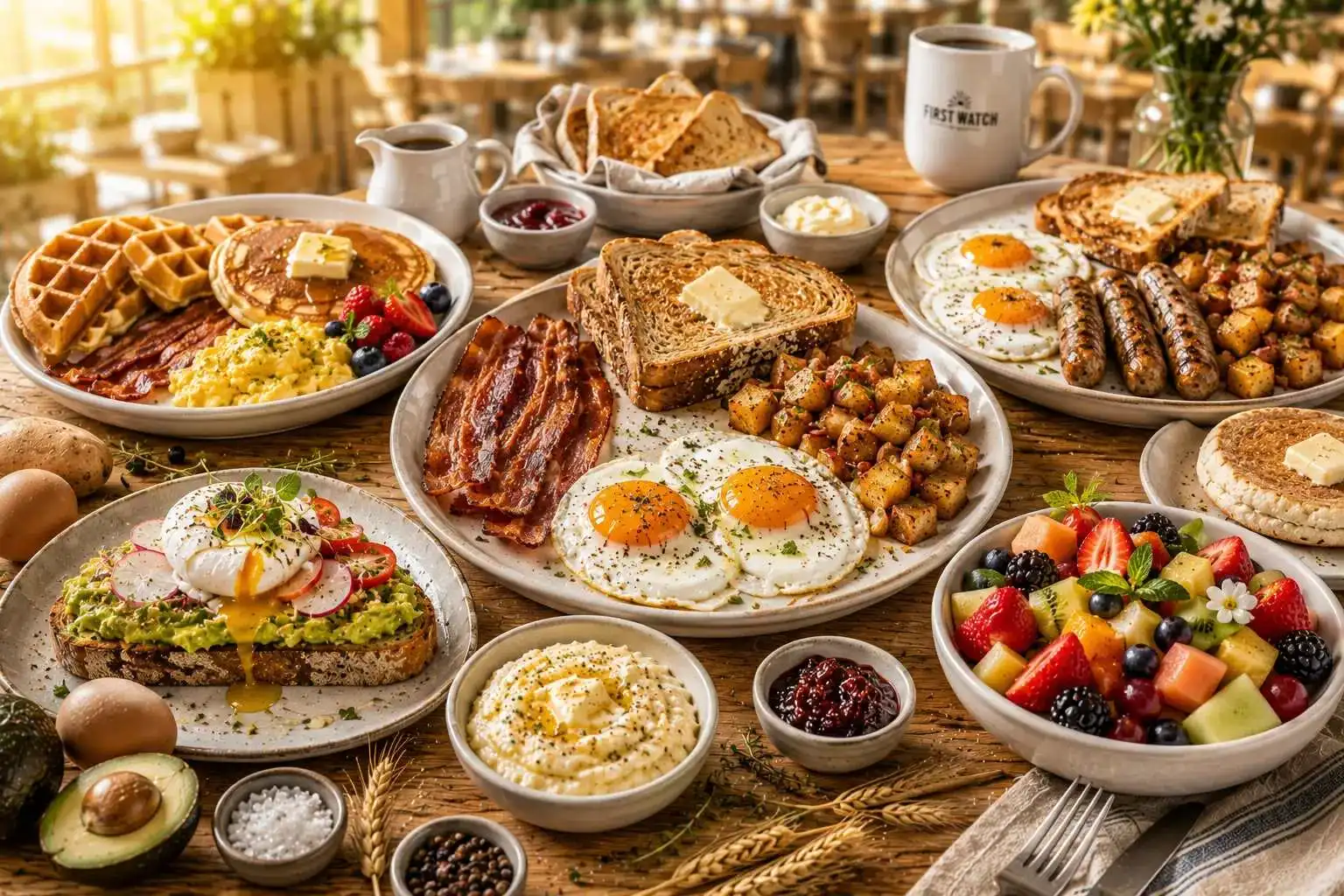 First Watch Menu breakfast spread with eggs, bacon, avocado toast and fresh seasonal fruit